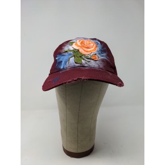 Newhattan Slideback OSFA Hat Red Hand Painted Flower Distressed Cap - Picture 2 of 10